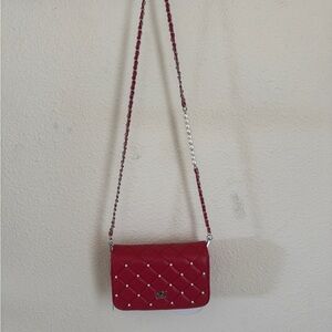 Vibrant Red Quilted Badgley Mischka Crossbody Bag with Pearl Chain Strap
